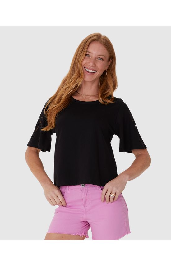 Blusa Feminina Bordado Na Manga Em Malha Algodão Comfy