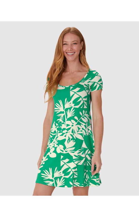 Vestido Feminino Evasê Estampado Manga Curta Em Malha Viscose Stretch