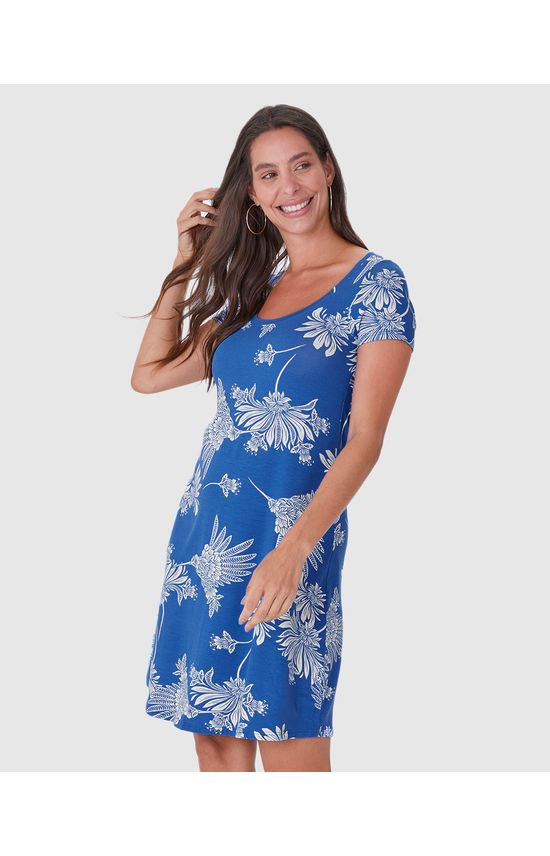 Vestido Feminino Evasê Estampado Manga Curta Em Malha Viscose Stretch