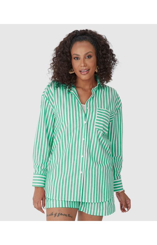 Camisa Ampla Feminina Listrada Bolso Frontal Em Algodão