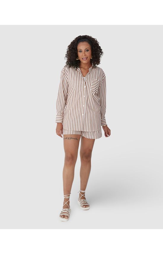 Shorts Feminino Listrado Bolso Lateral Em Algodão