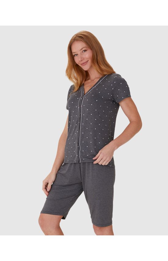 Pijama Feminino Camisa Estampada Com Abotoamento Frontal Em Viscose Stretch