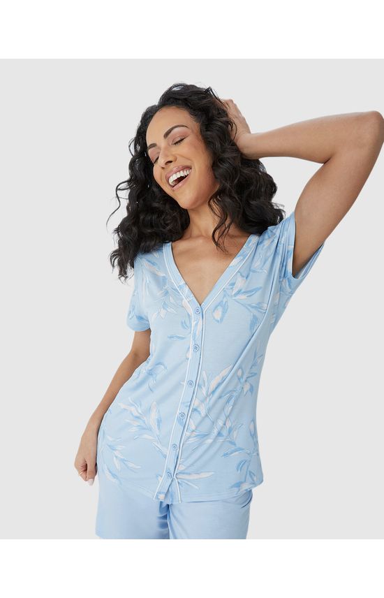 Pijama Feminino Camisa Estampada Com Abotoamento Frontal Em Viscose Stretch