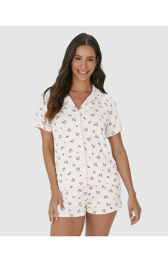 Pijama Americano Feminino Estampado Com Abotoamento Frontal Em Viscose Stretch