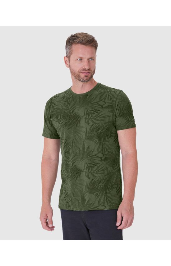 Camiseta Masculina Estampa Corrida Folhagem Em Malha Linho