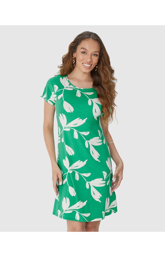 Vestido Feminino Evasê Manga Curta Estampado Em Viscose Stretch