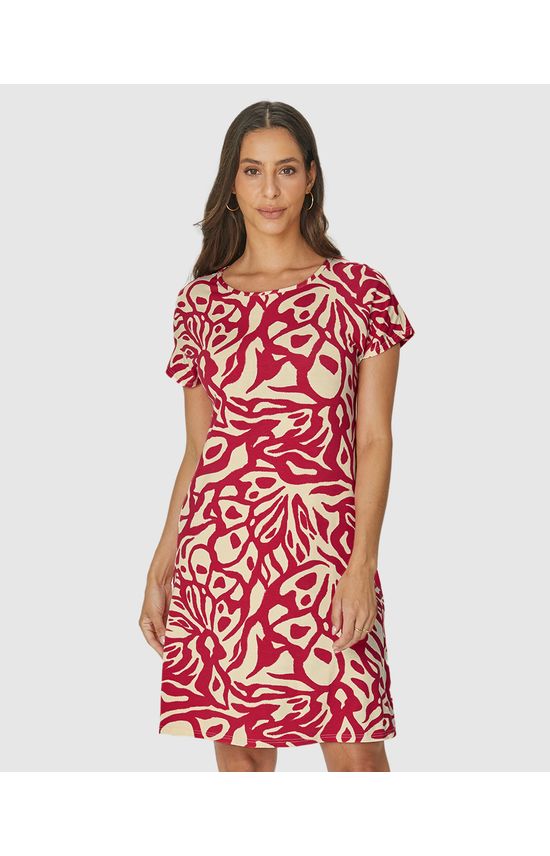 Vestido Feminino Evasê Manga Curta Estampado Em Viscose Stretch