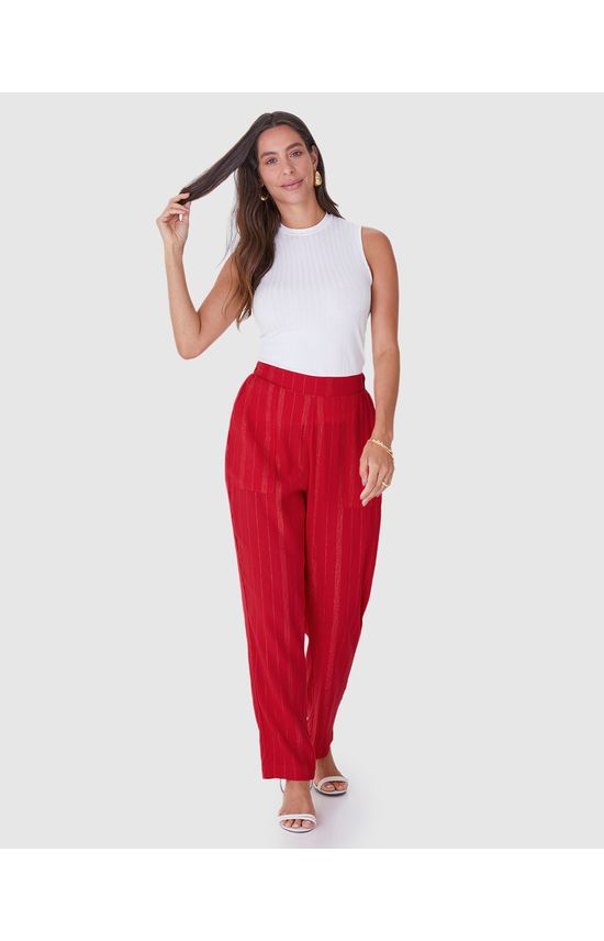 Calça Reta Feminina Bolso Lateral Em Viscose Lurex