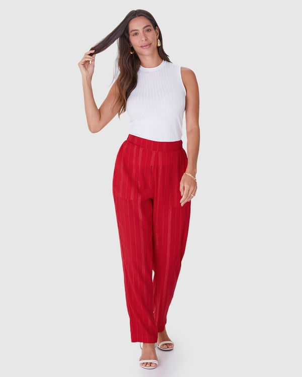 Calça Reta Feminina Bolso Lateral Em Viscose Lurex Vermelho - P