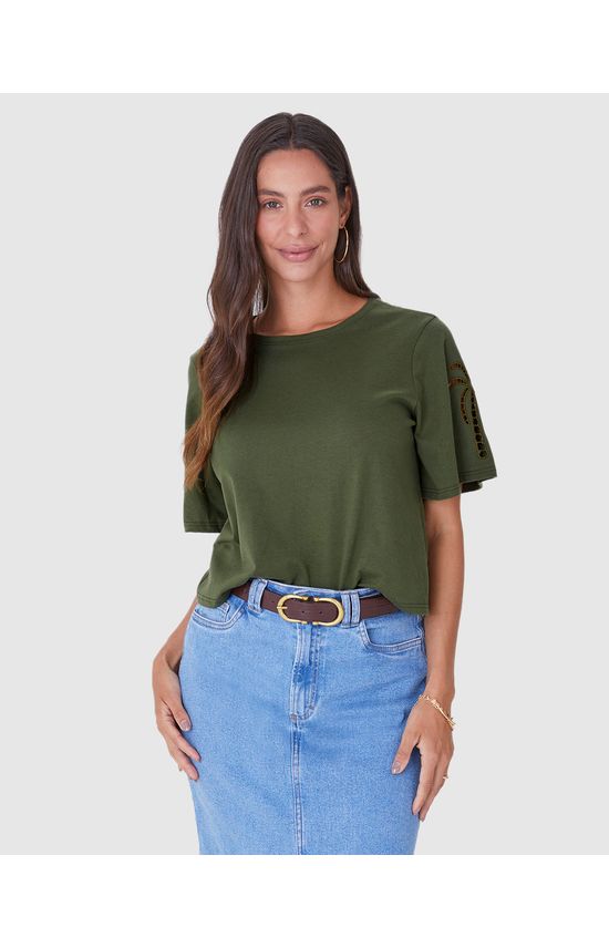 Blusa Feminina Bordado Na Manga Em Malha Algodão Comfy