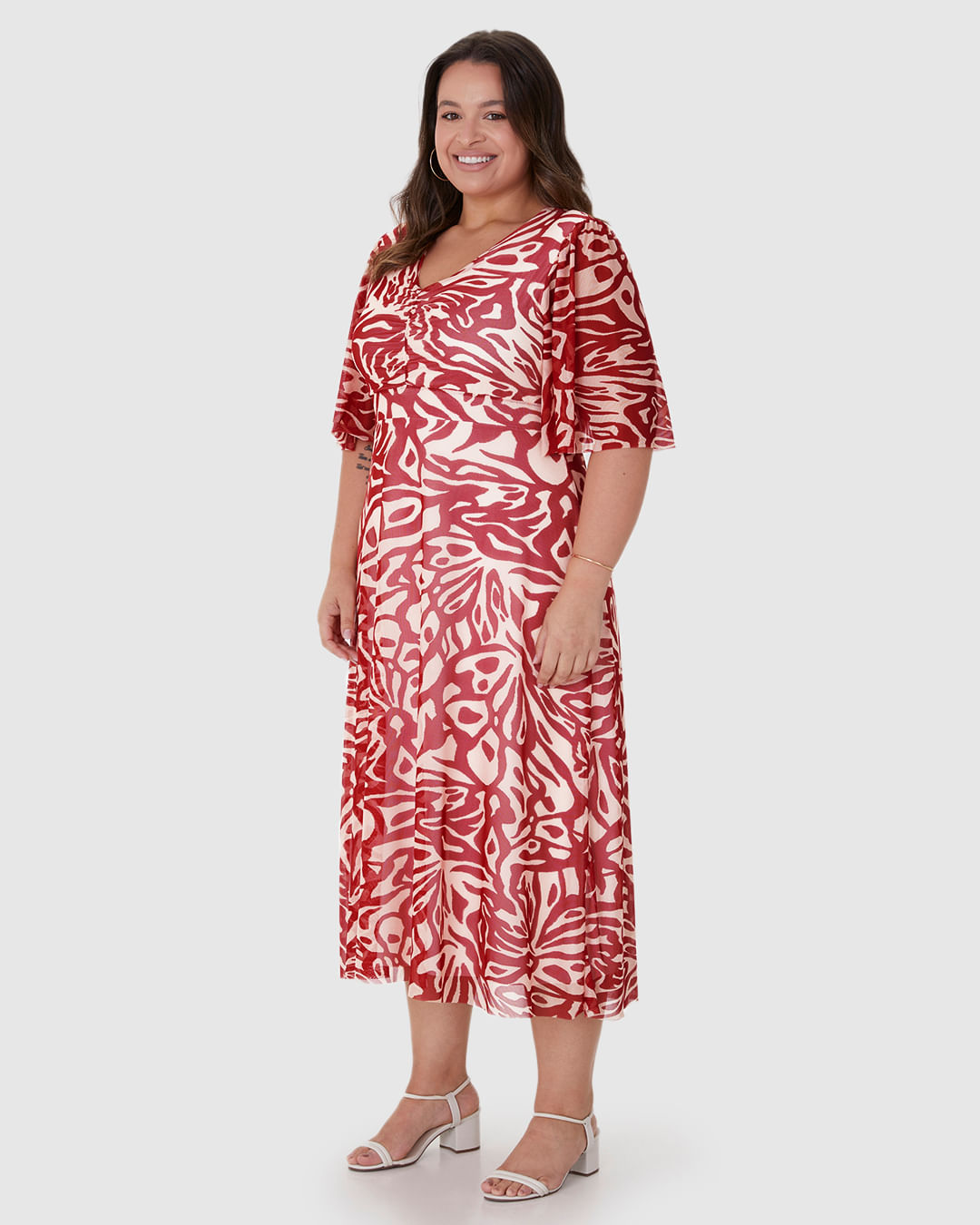 Vestido Longo Feminino Plus Size Estampado Decote V Em Tule Stretch - Imagem 2