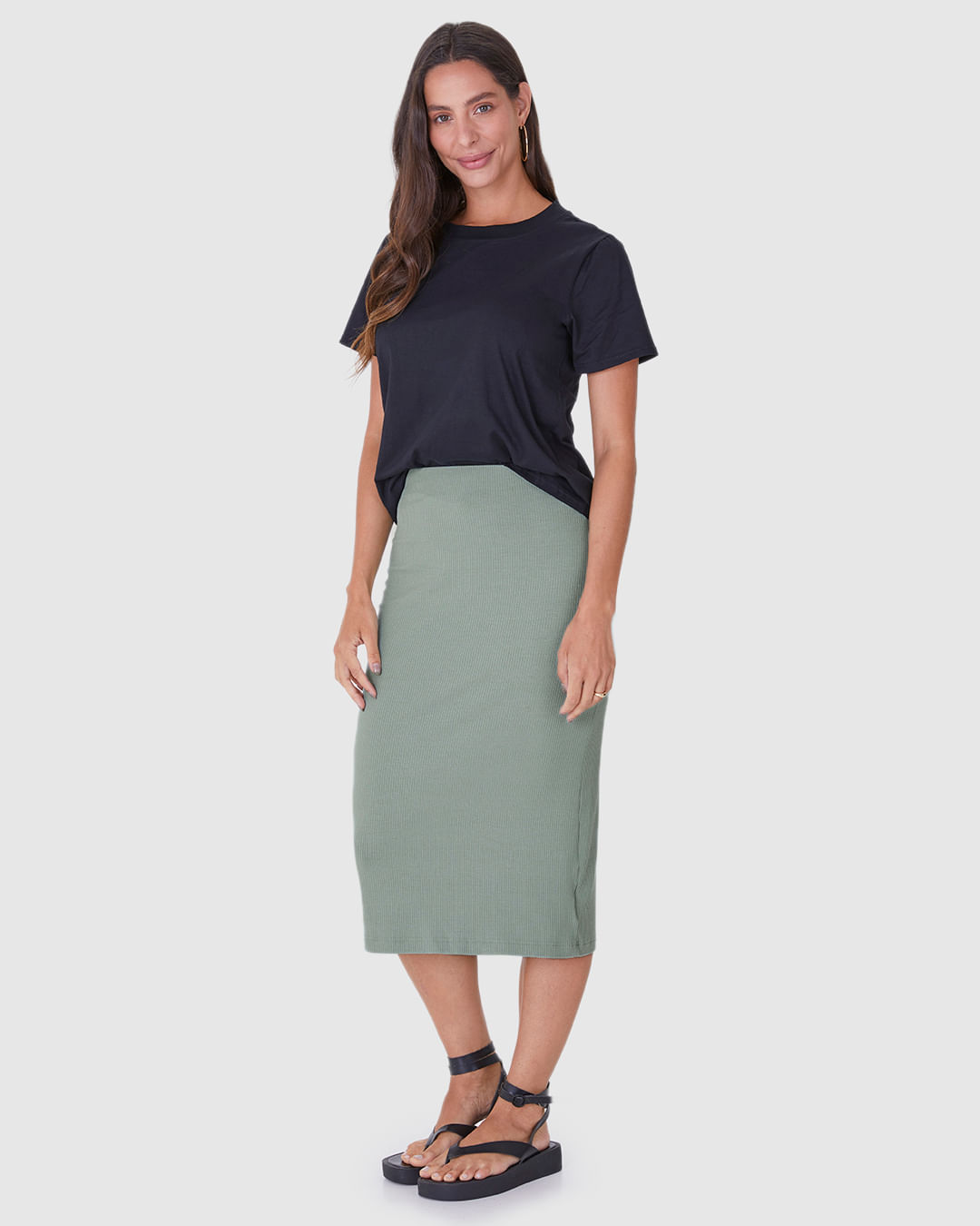 Saia Midi Feminina Em Malha Viscose Canelada - Imagem 7