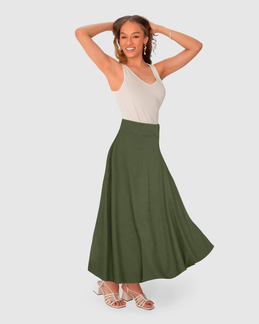 Saia Midi Feminina Fivela Lateral Em Viscolinho - Imagem 7