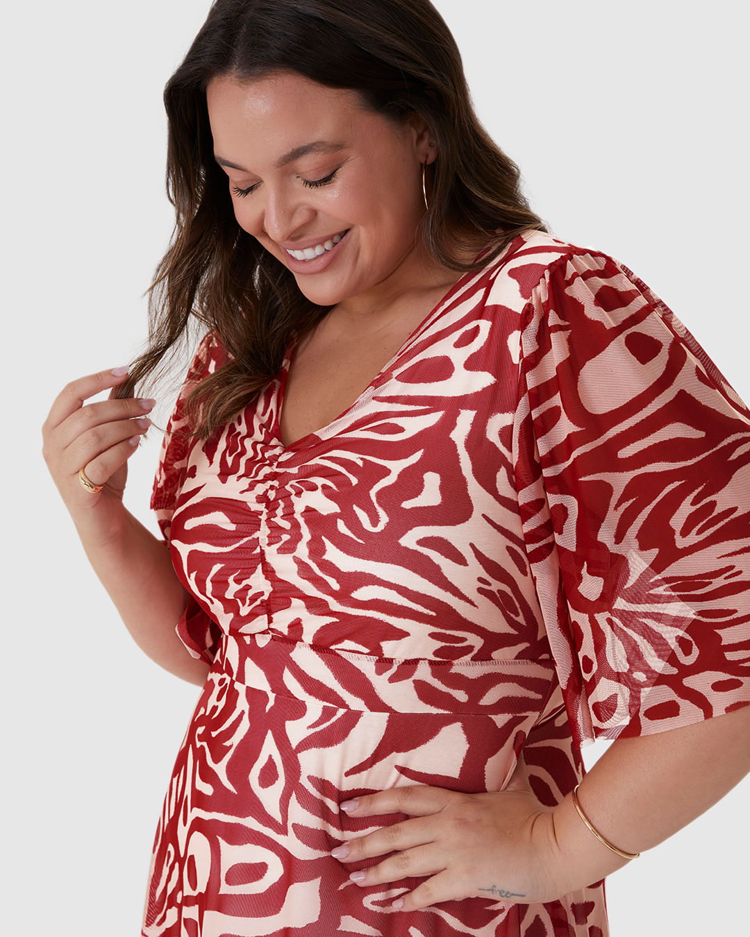 Vestido Longo Feminino Plus Size Estampado Decote V Em Tule Stretch - Imagem 13