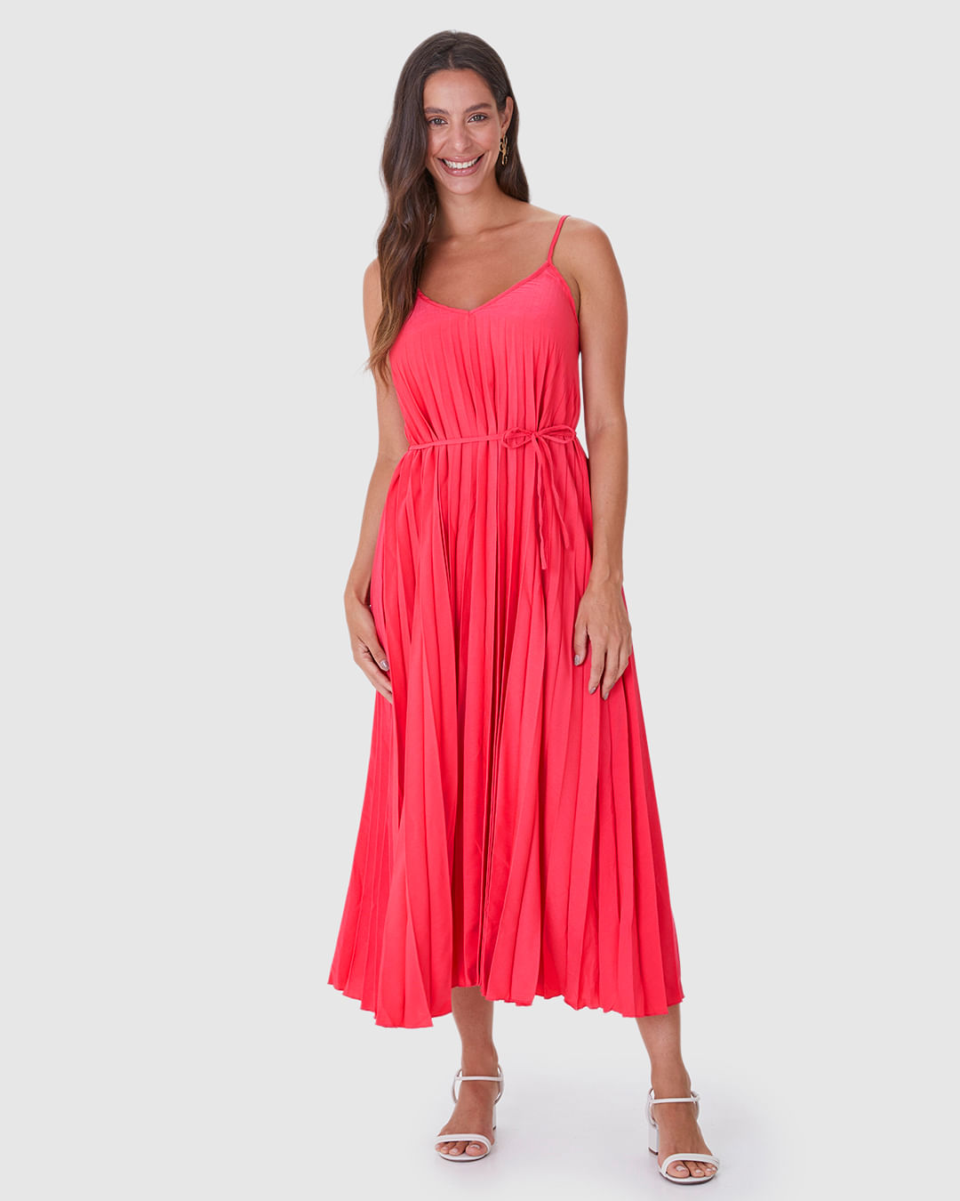 Vestido Midi Feminino Decote V Alça Fina Em Tecido Plissado - Imagem 19