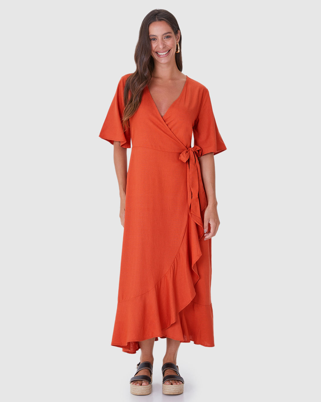 Vestido Midi Feminino Transpassado Amarração Funcional Em Viscolinho - Imagem 9