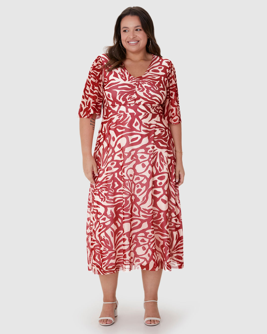 Vestido Longo Feminino Plus Size Estampado Decote V Em Tule Stretch - Imagem 4