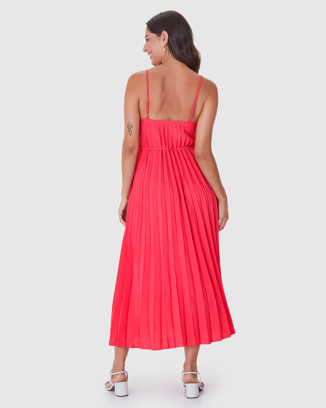 Vestido Midi Feminino Decote V Alça Fina Em Tecido Plissado - Imagem 20