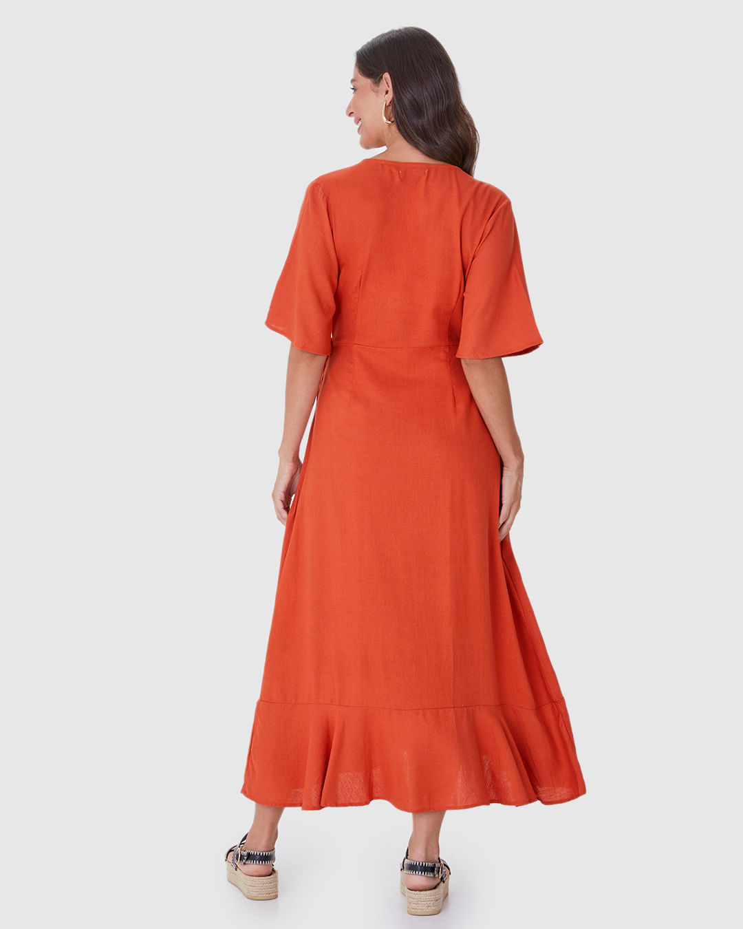 Vestido Midi Feminino Transpassado Amarração Funcional Em Viscolinho - Imagem 10