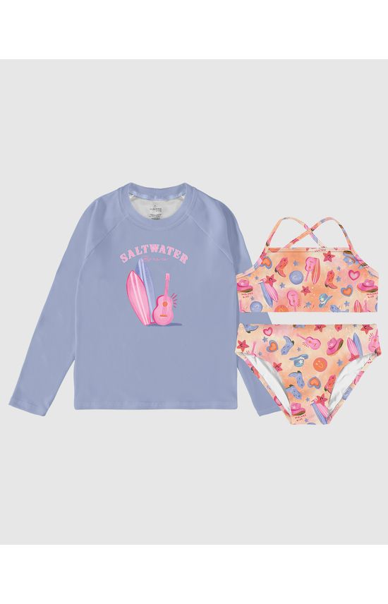 Conjunto Infantil Menina Camiseta Praia + Biquíni Malha UV50+ Malwee Kids