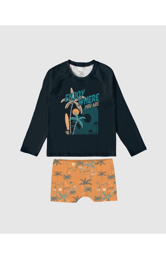 Conjunto Infantil Menino Camiseta Praia + Sunga Malha UV50+ Malwee Kids