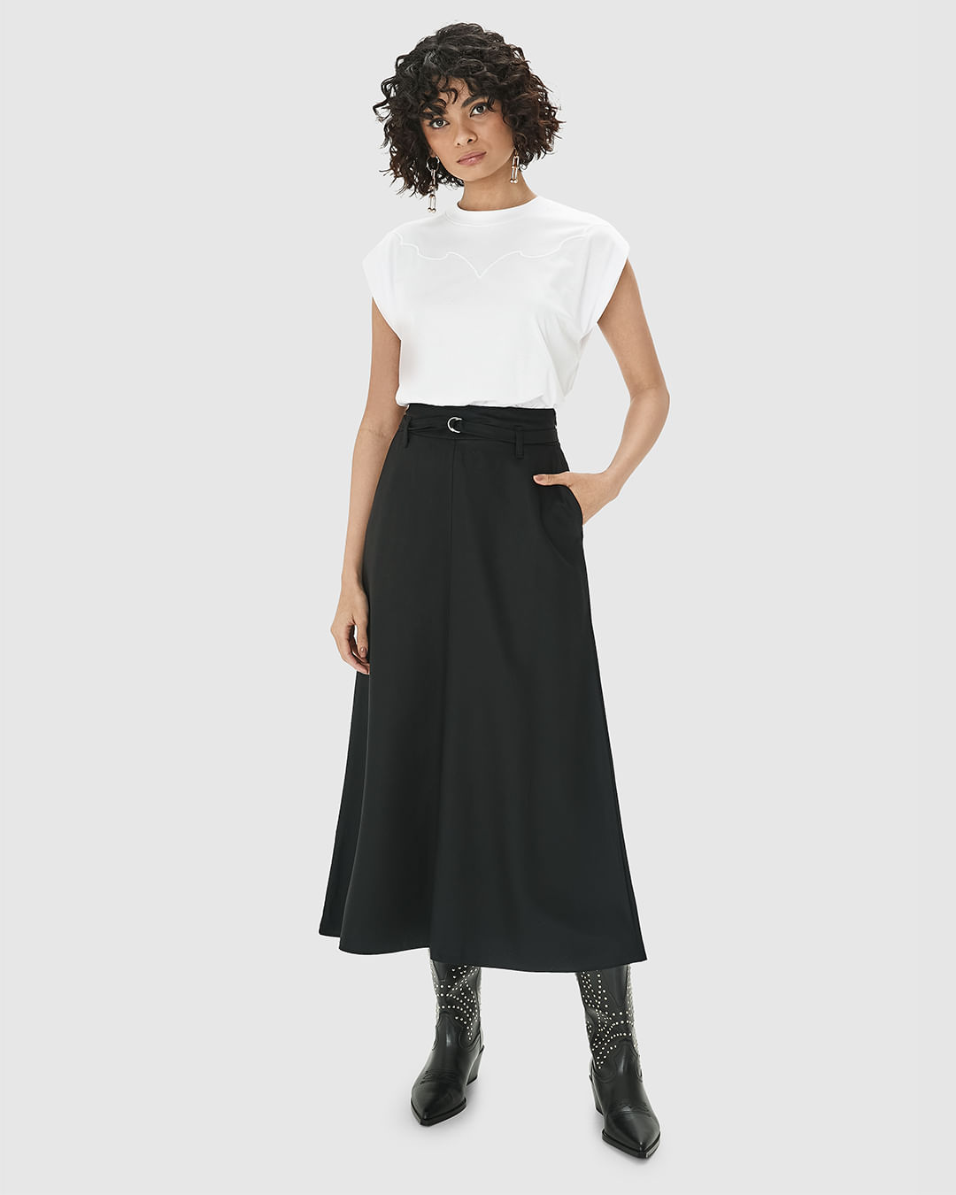 Saia Midi Feminina Evasê Com Cinto Em Crepe - ENFIM