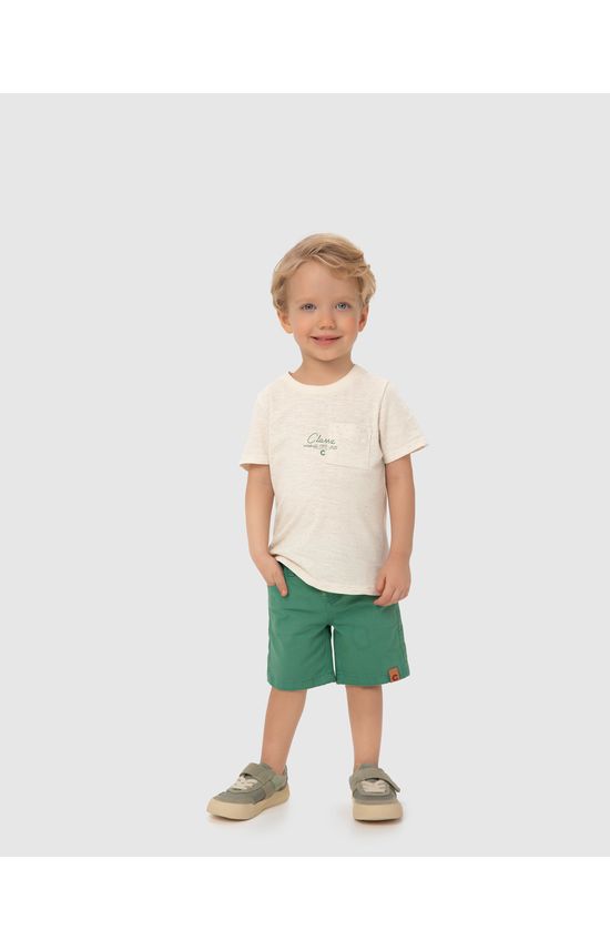 Conjunto Menino Camiseta Bolso Frontal Em Malha Rajada Linho - Carinhoso