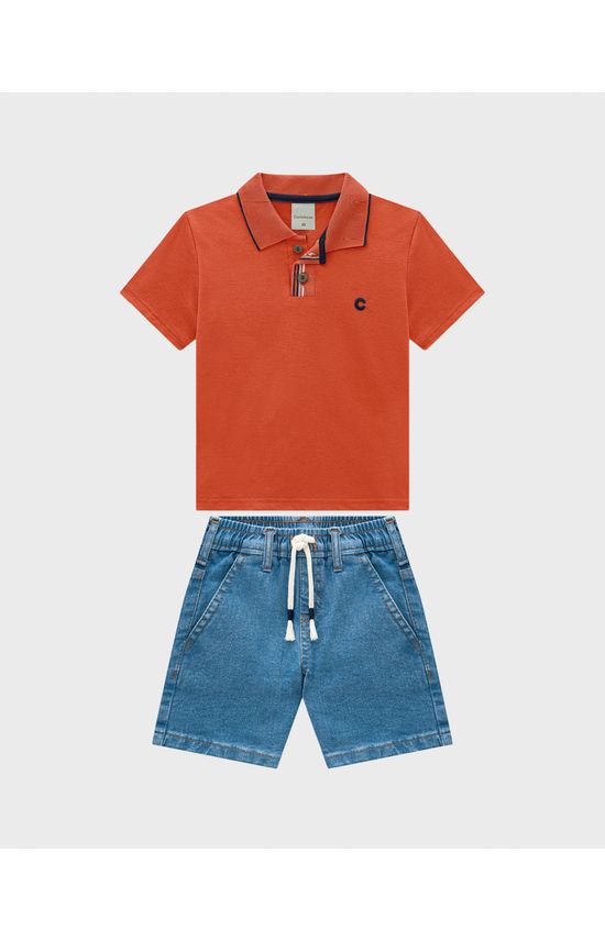 Conjunto Menino Camisa Polo Com Bermuda Jeans Stretch - Carinhoso