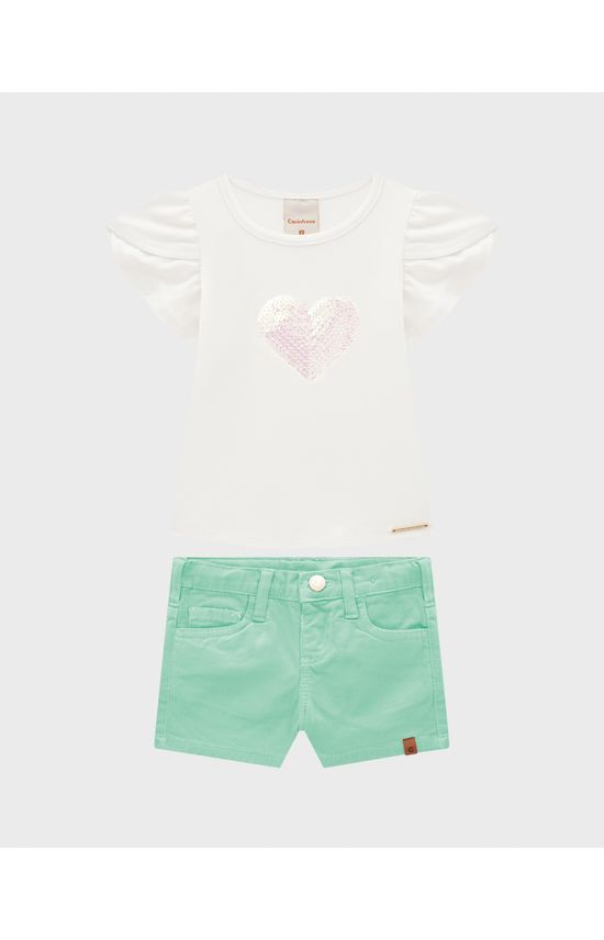 Conjunto Menina Blusa Estampa Bordada Paetê Em Algodão - Carinhoso