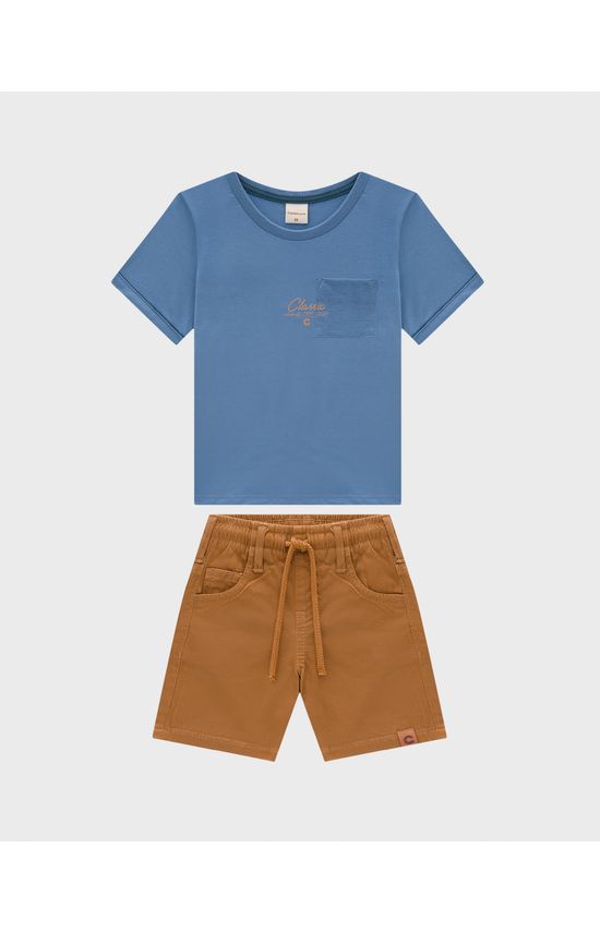 Conjunto Menino Camiseta Bolso Frontal Em Malha Rajada Linho - Carinhoso