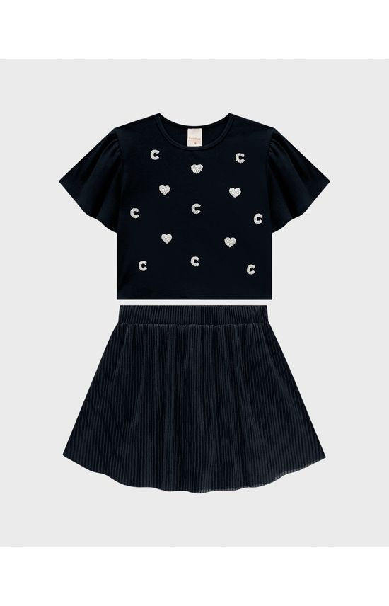 Conjunto Menina Blusa Com Bordado Corações Em Algodão - Carinhoso