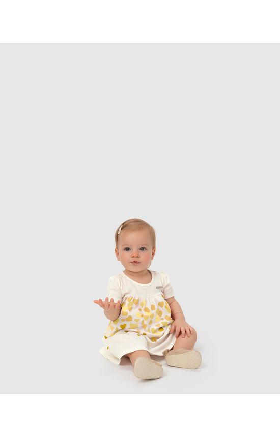 Conjunto Menina Vestido Estampado + Calcinha Malha Texturizada - Carinhoso