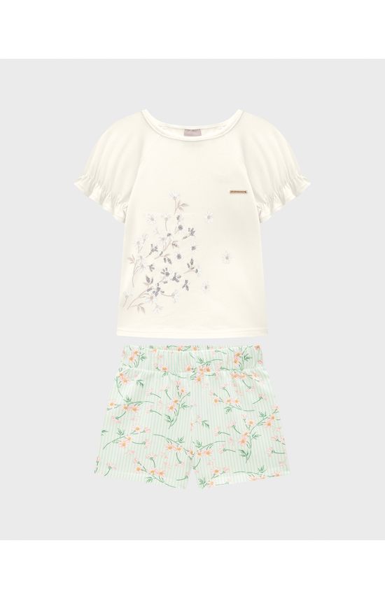 Conjunto Menina Blusa E Shorts Com Estampa Floral Em Algodão - Carinhoso