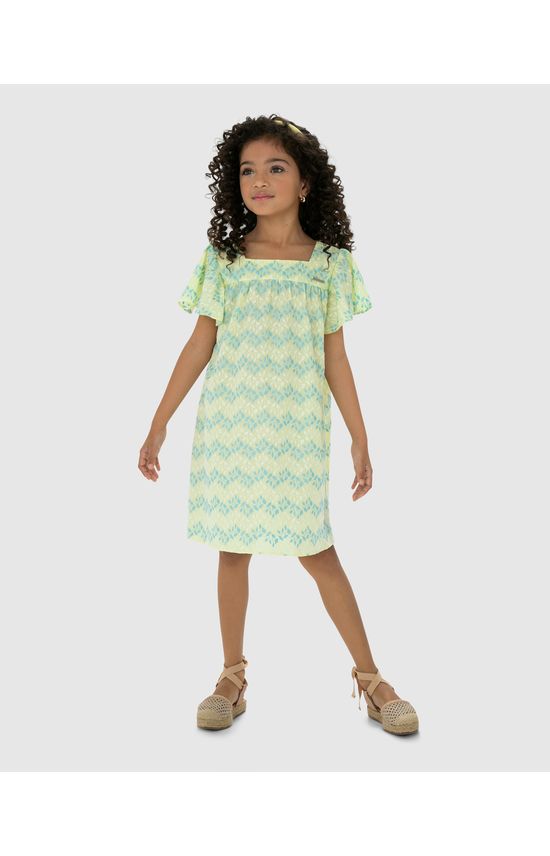 Vestido Menina Decote Quadrado Em Tecido Bordado - Carinhoso
