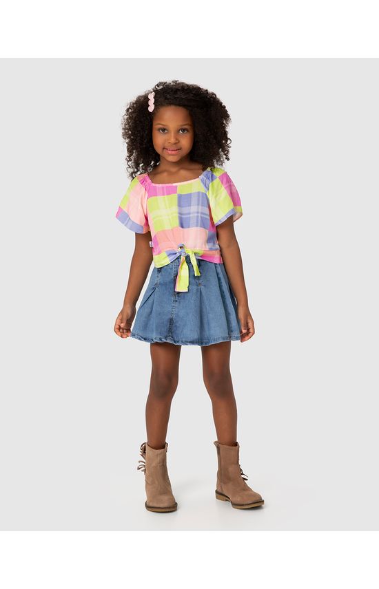 Conjunto Infantil Menina Blusa Xadrez + Saia Jeans Malwee Kids