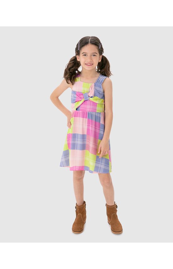 Vestido Infantil Xadrez Laço Frontal Em Viscose Malwee Kids