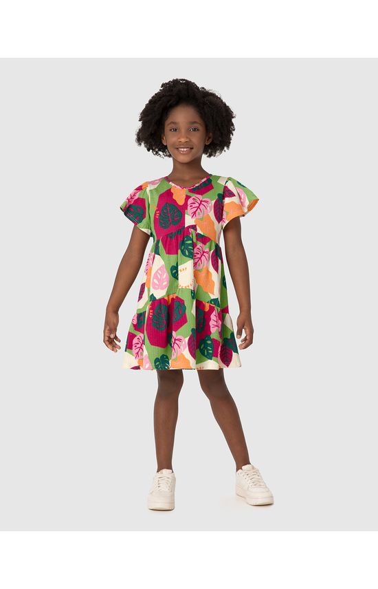 Vestido Infantil Estampado Manga Evasê Em Malha Texturizada Malwee Kids