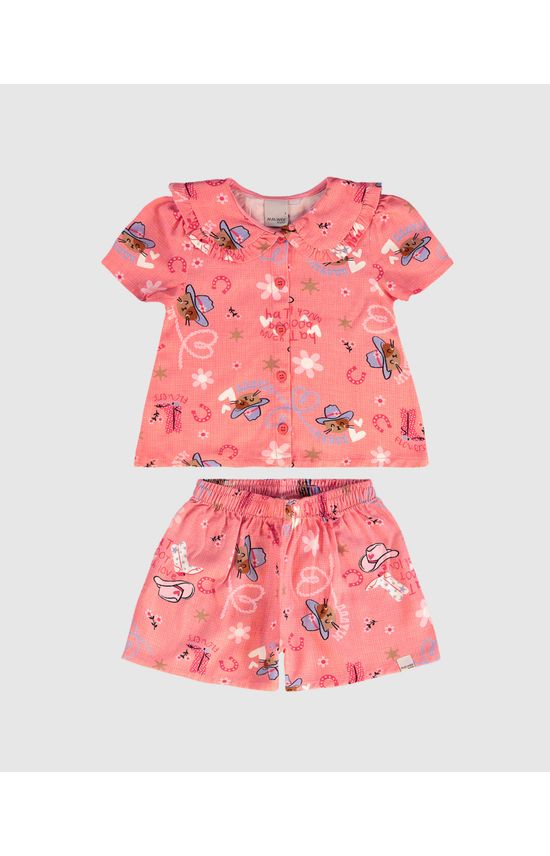 Conjunto Infantil Menina Estampado Camisa Gola Babado Em Viscose Malwee Kids