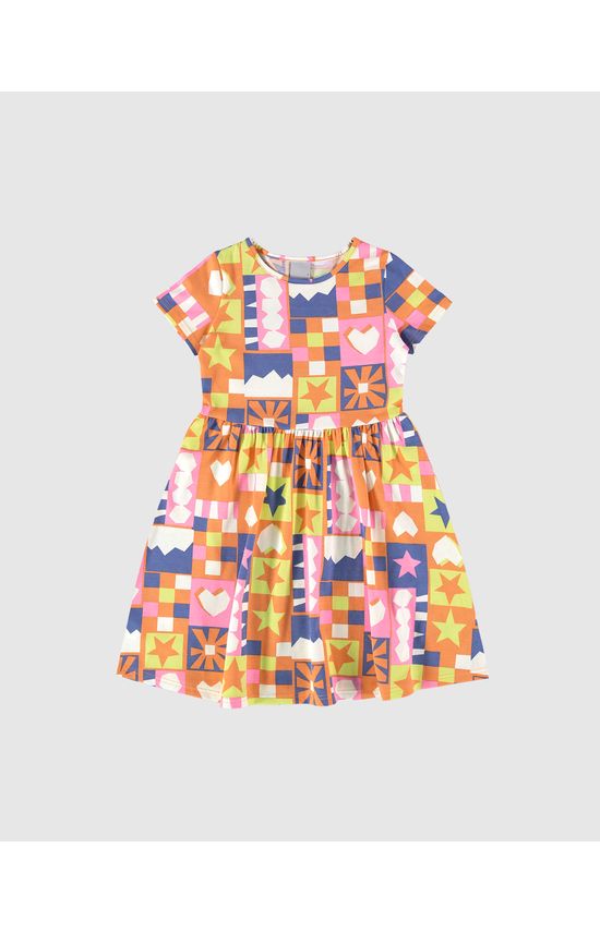 Vestido Infantil Evasê Manga Curta Estampado Em Algodão Malwee Kids