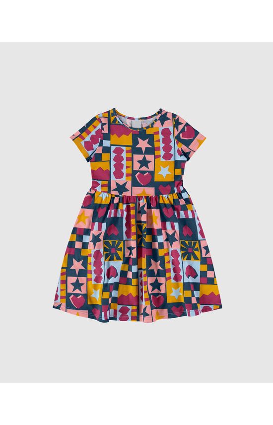 Vestido Infantil Evasê Manga Curta Estampado Em Algodão Malwee Kids