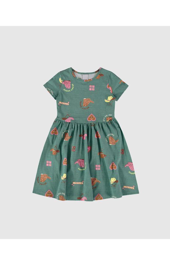 Vestido Infantil Evasê Manga Curta Estampado Em Algodão Malwee Kids