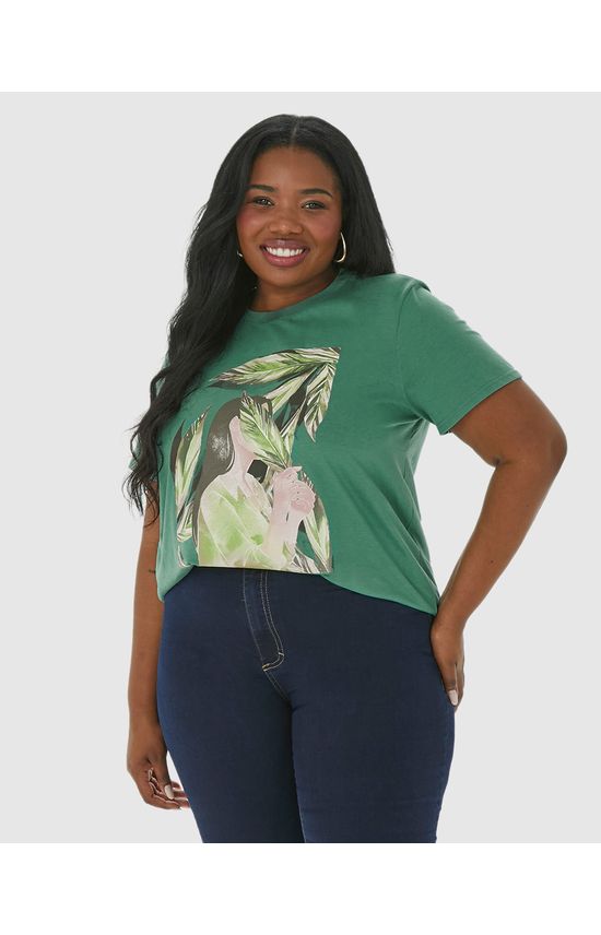 Camiseta Feminina Plus Size Desenho Ilustrativo Em Algodão