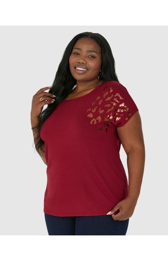 Camiseta Feminina Plus Size Estampa Metalizada Em Viscose Stretch