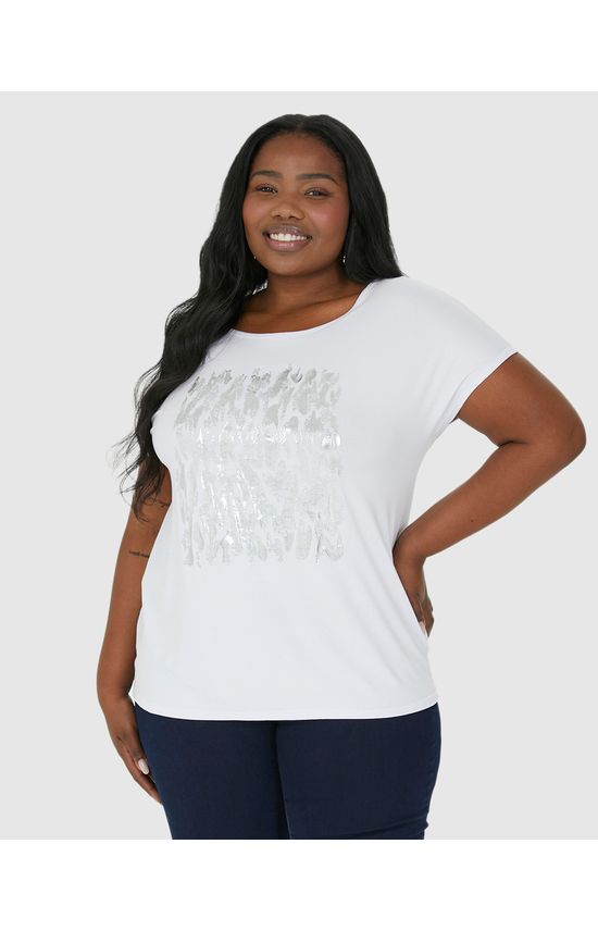 Camiseta Feminina Plus Size Estampa Metalizada Em Viscose Stretch