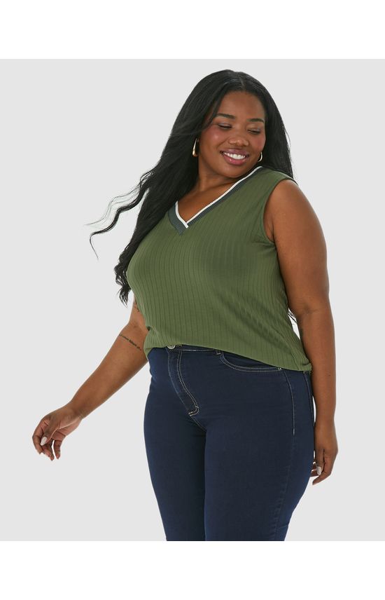 Regata Ampla Feminina Plus Size Decote V Em Malha Viscose Canelada
