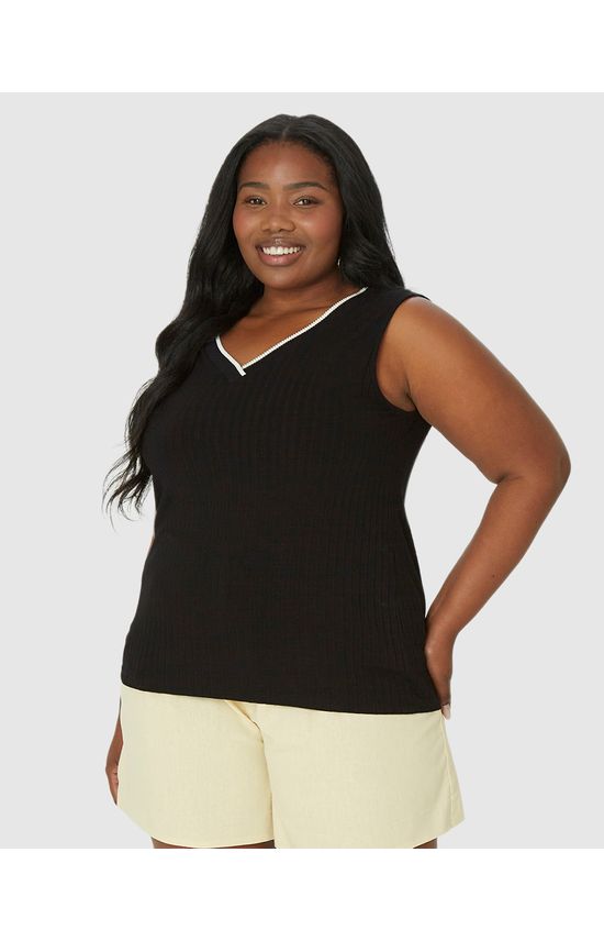 Regata Ampla Feminina Plus Size Decote V Em Malha Viscose Canelada