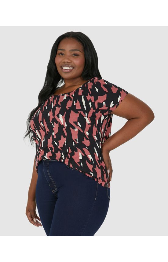 Blusa Feminina Plus Size Estampada Cava Japonesa Em Viscose Stretch