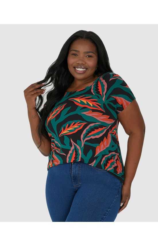 Blusa Feminina Plus Size Folhagem Cava Japonesa Em Viscose Stretch