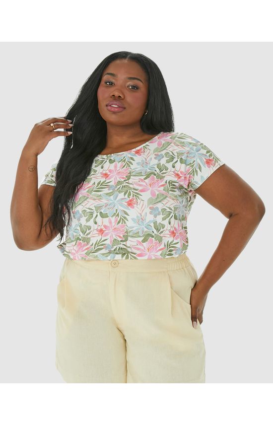 Blusa Feminina Plus Size Floral Cava Japonesa Em Viscose Stretch