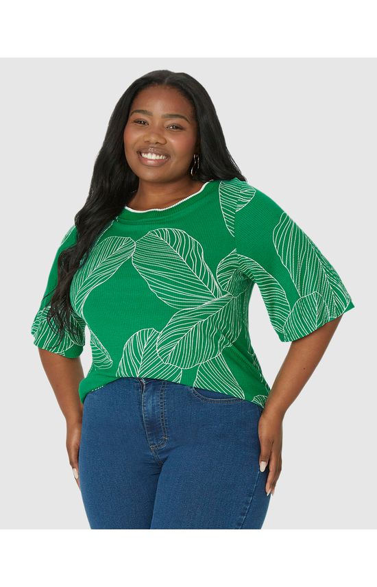 Blusa Feminina Plus Size Ampla Gola Redonda Retilínea Em Viscose Canelada